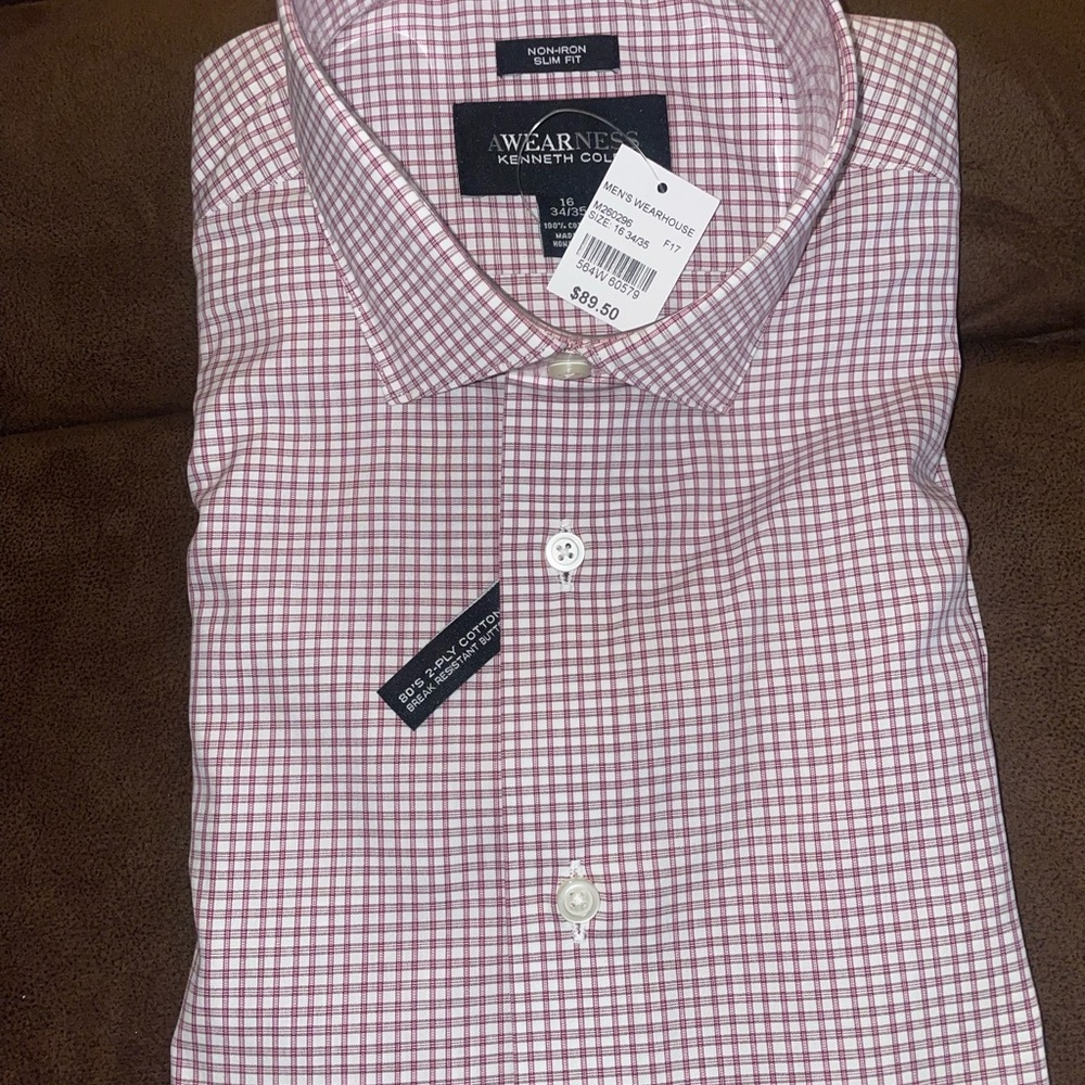 NWT Mens LS Kenneth Cole Shirt Red & Tan Box Plaid on cream